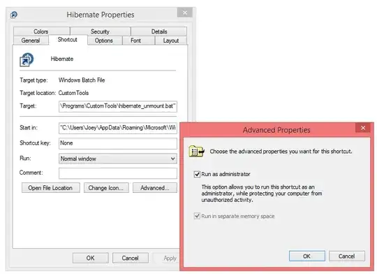 Shortcut properties showing 'Run as administrator' option