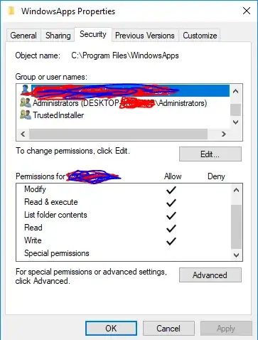 My current permissions for the WindowsApps folder