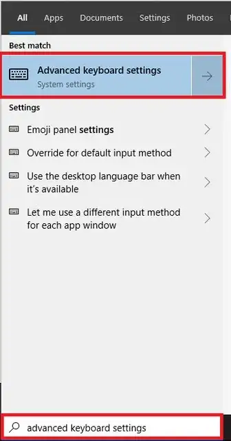 Windows Search for 'Advanced Keyboard Settings'