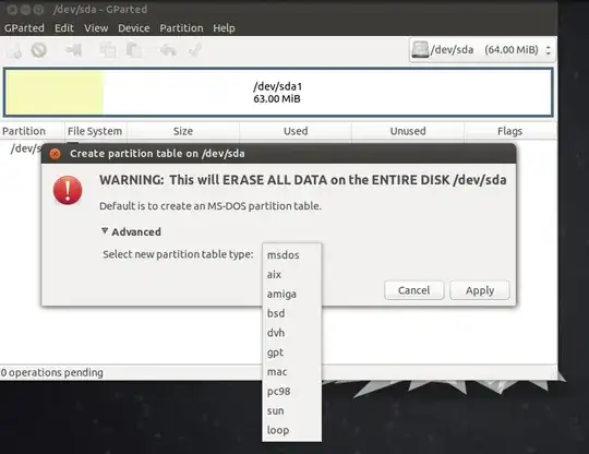 GParted's "Create partition table" window screenshot
