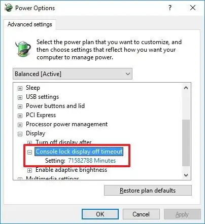 Screenshot of Window Dialog titled Power Options