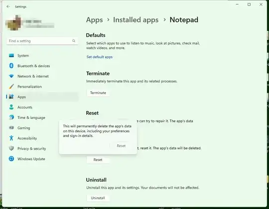 Windows 11 settings - Notepad reset