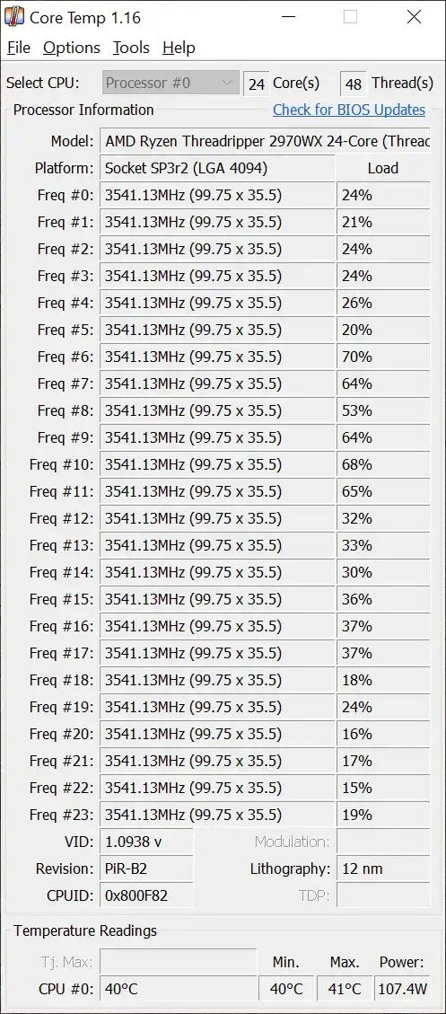Screenshot of application "Core Temp", showing CPU temperature of 40 degrees celcius