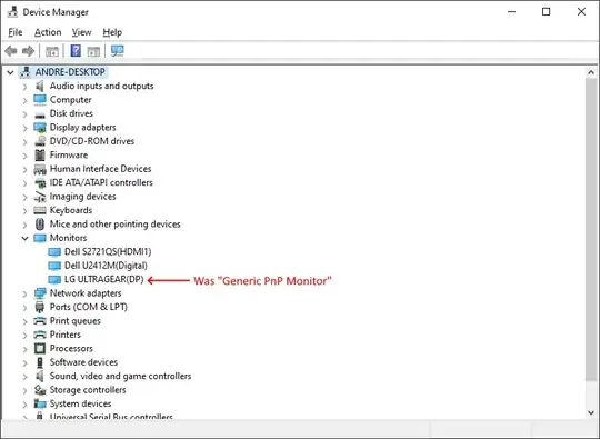 Device Manager with monitors OK, with arrow showing the monitor that used to be "Generic PnP Monitor"