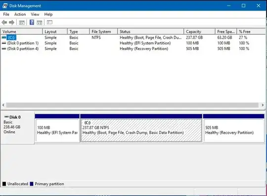 Disk Management utility. shows three partitions on drive 0