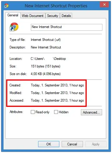 properties dialog showing relative timestamps
