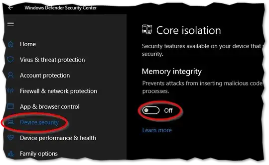 Switch under "Core Isolation" > "Memory Integrity" is set to "Off"