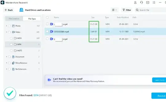 Wondershare Recoverit screenshot: found big videos