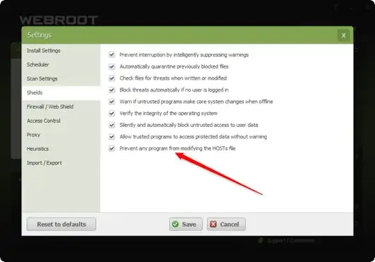Webroot > Advanced > Shields > Prevent any program from modifying the HOSTS file.