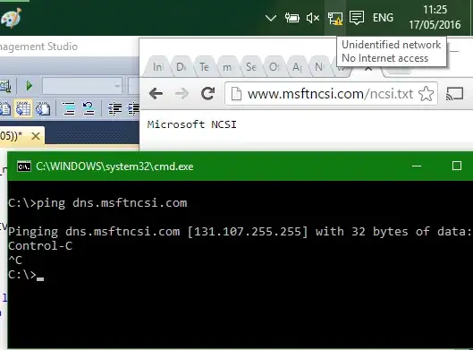 screenshot showing NCSI tests passing but "No Internet Access" reported