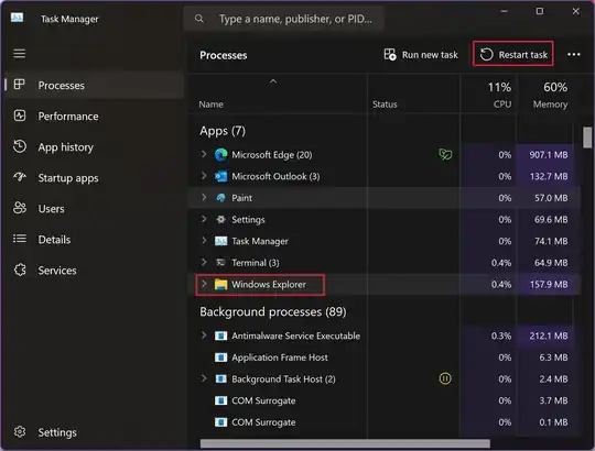 Task Manager, Explorer selected and the "Restart task" button highlighted