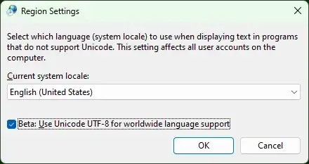 Windows screenshot - Region Settings - UTF-8