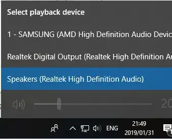 Windows 10 "Select a playback device" menu