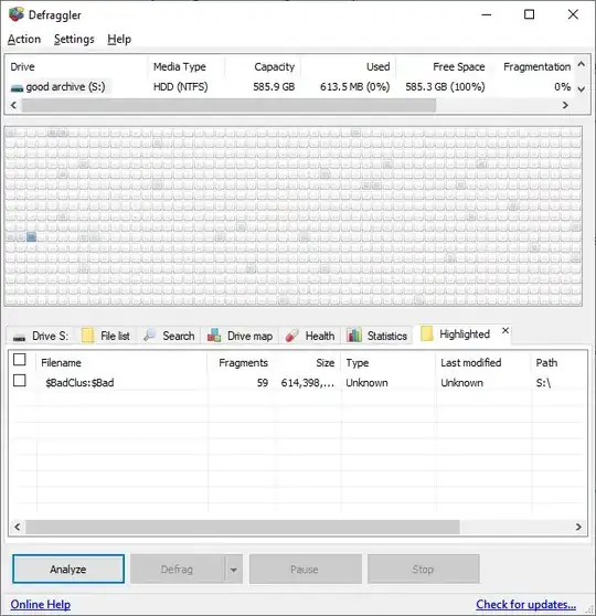 Defraggler showing successful manual marking of bad NTFS clusters
