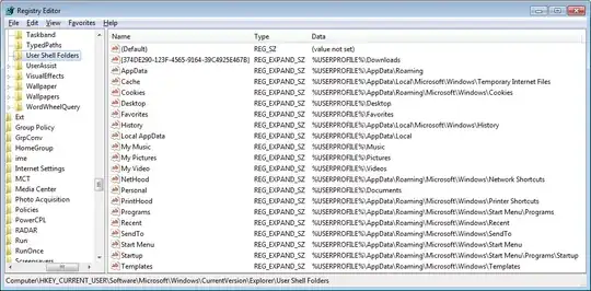 Screenshot of User Shell Folders registry entries