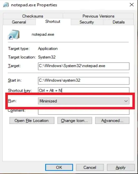 Shortcut properties screenshot
