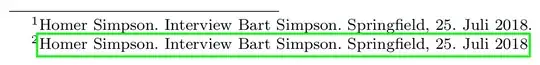 Screenshot of the two footnotes in the MWE. Both footnotes show "Homer Simpson. Interview Bart Simpson. Springfield, 25. Juli 2018.", the second footnote is linked to the first