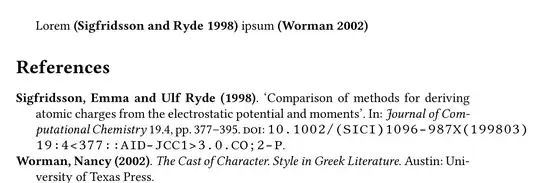 "Lorem (Sigfridsson and Ryde 1998) ipsum (Worman 2002)" with citations in bold.
Name and year are also bold in the bibliography.