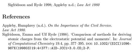 Sigfridsson and Ryde 1998; Appleby n.d.; Law Act 1980//Appleby, Humphrey (n.d.). On the Importance of the Civil Service.//Law Act 1980.//Sigfridsson, Emma and Ulf Ryde (1998). ‘Comparison of methods for deriving atomic charges from the electrostatic potential and moments’. In: Journal of Computational Chemistry 19.4, pp. 377–395. doi: 10.1002/(SICI)1096-987X(199803)19:4<377::AID-JCC1>3.0.CO;2-P.