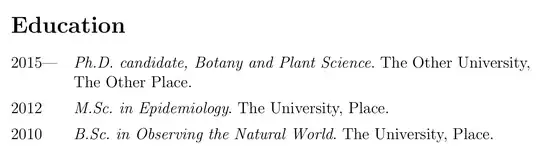 2015— Ph.D. candidate, Botany and Plant Science. The Other University, The Other Place.//2012 M.Sc. in Epidemiology. The University, Place.//2010 B.Sc. in Observing the Natural World. The University, Place.