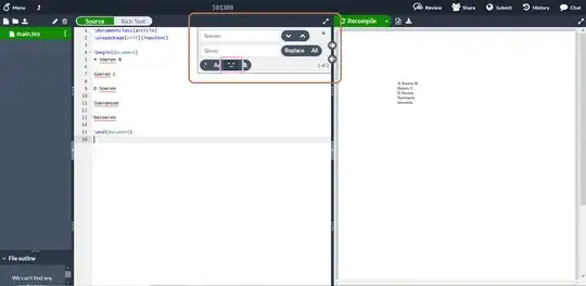 Search-and-replace dialogue window highlighted in Overleaf