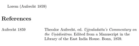 Tabular bibliography with author-year citation on the right and full entry on the left.