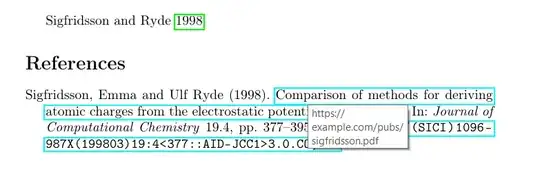 screenshot of the resulting PDF in a PDF viewer, the mouse hovers over the linked title to show that the URL it links to is https://example.com/pubs/sigfridsson.pdf as expected