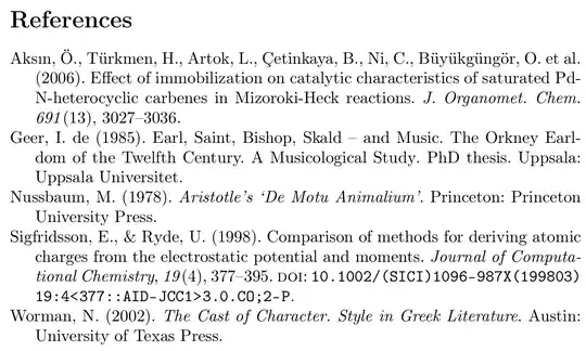 Aksın, Ö., Türkmen, H., Artok, L., Çetinkaya, B., Ni, C., Büyükgüngör, O. et al. (2006). Effect of immobilization on catalytic characteristics of saturated Pd-N-heterocyclic carbenes in Mizoroki-Heck reactions. J. Organomet. Chem. 691(13), 3027–3036.//Geer, I. de (1985). Earl, Saint, Bishop, Skald – and Music. The Orkney Earldom of the Twelfth Century. A Musicological Study. PhD thesis. Uppsala: Uppsala Universitet.//Nussbaum, M. (1978). Aristotle’s ‘De Motu Animalium’. Princeton: Princeton University Press.//Sigfridsson, E., & Ryde, U. (1998). Comparison of methods for deriving atomic charges from the electrostatic potential and moments. Journal of Computational Chemistry, 19(4), 377–395. doi: 10.1002/(SICI)1096-987X(199803)19:4<377::AID-JCC1>3.0.CO;2-P.//Worman, N. (2002). The Cast of Character. Style in Greek Literature. Austin: University of Texas Press.