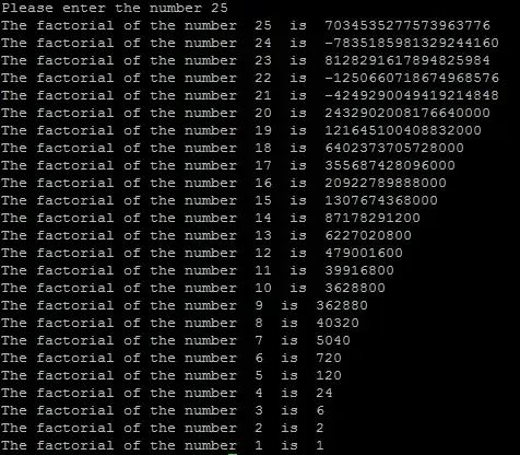 Output of the code to calculate factorial