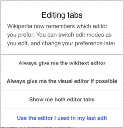 Screenshot showing a pop-up dialog for switching from the wikitext editor to the visual editor