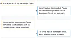 Screenshot showing some changes, in the two-column wikitext diff display
