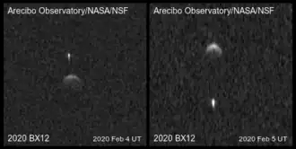 The satellite of 2020 BX12 appears as a small, elongated object separate from the asteroid in radar images.