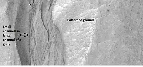 Close-up of gully showing multiple channels and patterned ground, as seen by HiRISE under the HiWish program. Location is the Phaethontis quadrangle.