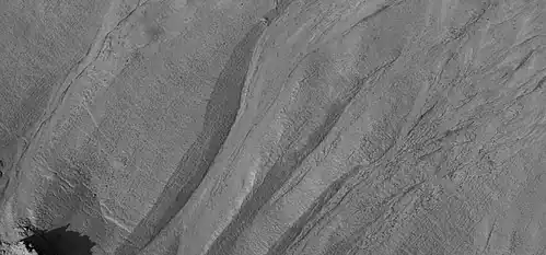 Close up view of some gullies, as seen by HiRISE under the HiWish program.
