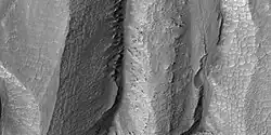 Close-up of gully alcove showing "gullygons" (polygonal patterned ground near gullies), as seen by HiRISE under HiWish program  Note this is an enlargement of a previous image.