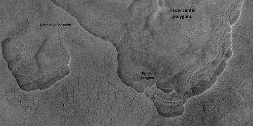Scalloped terrain labeled with both low center polygons and high center polygons, as seen by HiRISE under HiWish program. Location is Casius quadrangle.  Image enlarged with HiView.