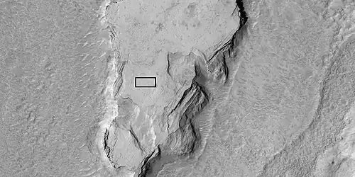 Enlarged view of a part of previous image, as seen by HiRISE under HiWish program.  The rectangle represents the size of a football field.