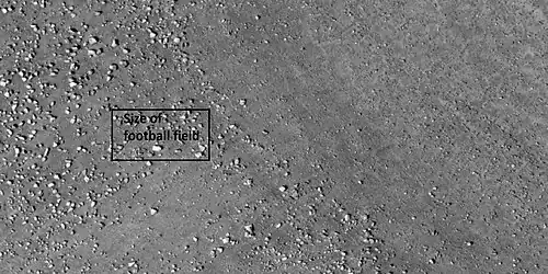 Close view of boulders on lower left of crater rim Box is the size of a football field, so boulders are roughly the size of cars or small houses.  Picture taken with HiRISE under HiWish program.
