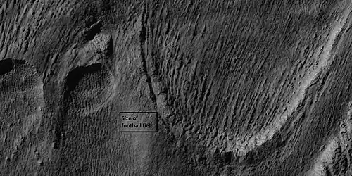 Close view of snout of glacier, as seen by HiRISE under the HiWish program. High center polygons are visible.  Box shows size of football field.