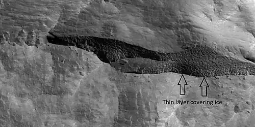 Close view of depression, as seen by HiRISE under HiWish program. Arrows indicate where there is a very thin, 1–2 meter covering on what is believed to be ice.