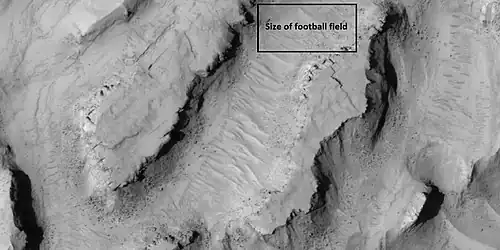 Close view showing blocks being formed, as seen by HiRISE under HiWish program. Note: this is an enlargement of the previous image.  Box represents size of football field.