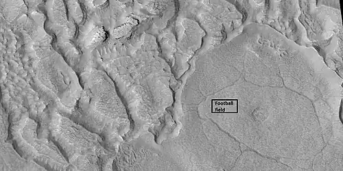 Ribbed terrain being formed from upper plains unit, as seen by HiRISE under HiWish program. Formation begins with cracks that enhance sublimation.  Box shows the size of football field.