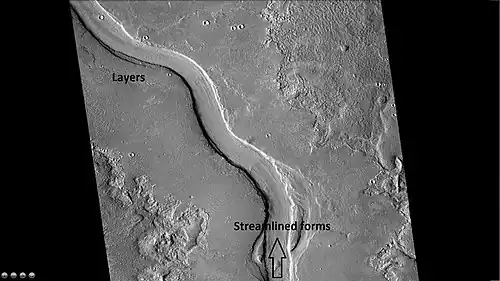 Context for next image of layers along Hrad Vallis, as seen by CTX.  Photo labeled with layers, streamlined forms, and arrow indicating direction water flowed.