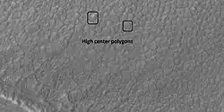 High center polygons, as seen by HiRISE under HiWish program  Boxes surround two individual polygons.