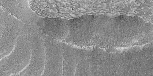 Close view of snout of flow, as seen by HiRISE under HiWish program.  Polygonal patterned ground is visible.