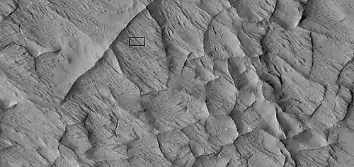 Close view of ridge network, as seen by HiRISE under HiWish program.  Box shows size of football field.