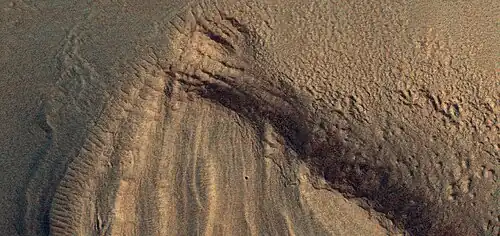 Close, color view of a group of layers,  as seen by HiRise under HiWish program.  Note: This is an enlargement from a previous image.