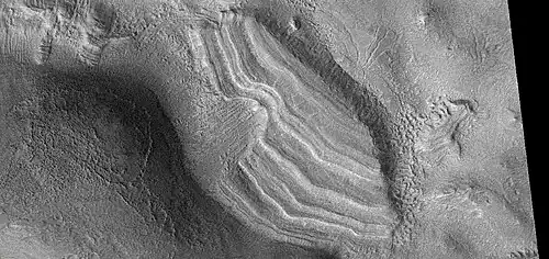 Close view of a group of layers,  as seen by HiRise under HiWish program.  Note: This is an enlargement from the previous image.