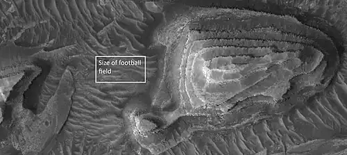 Layered mesa, as seen by HiRISE under HiWish program  Box is the size of a football field.