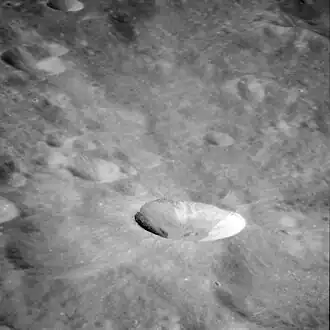 Oblique view of Mandelʹshtam F from Apollo 11.  Mandelʹshtam F lies to the east of Mandelʹshtam itself and is adjacent to the larger but less obvious Mandelʹshtam G.
